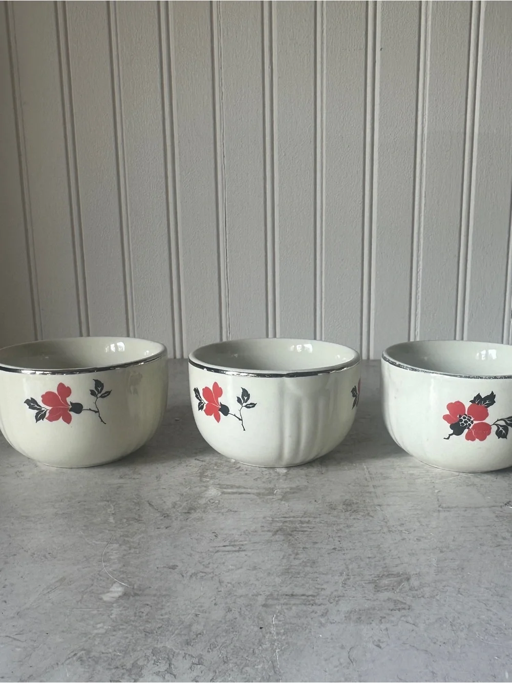 Vintage Hall's Superior Red Poppy 3.5” Custard Cups Set Of 3 Ceramic Platinum